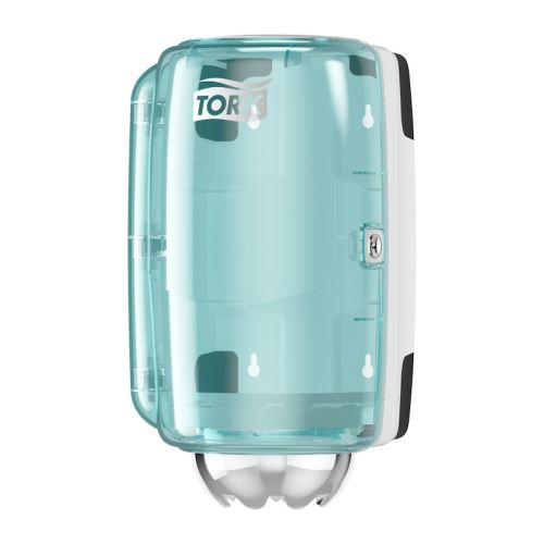 Tork Mini roll dispenser with central unwinding, white - turquoise (1)