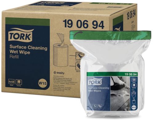 Tork wet wipes for surfaces, white, 58 pieces, 27 x 27 cm, refill