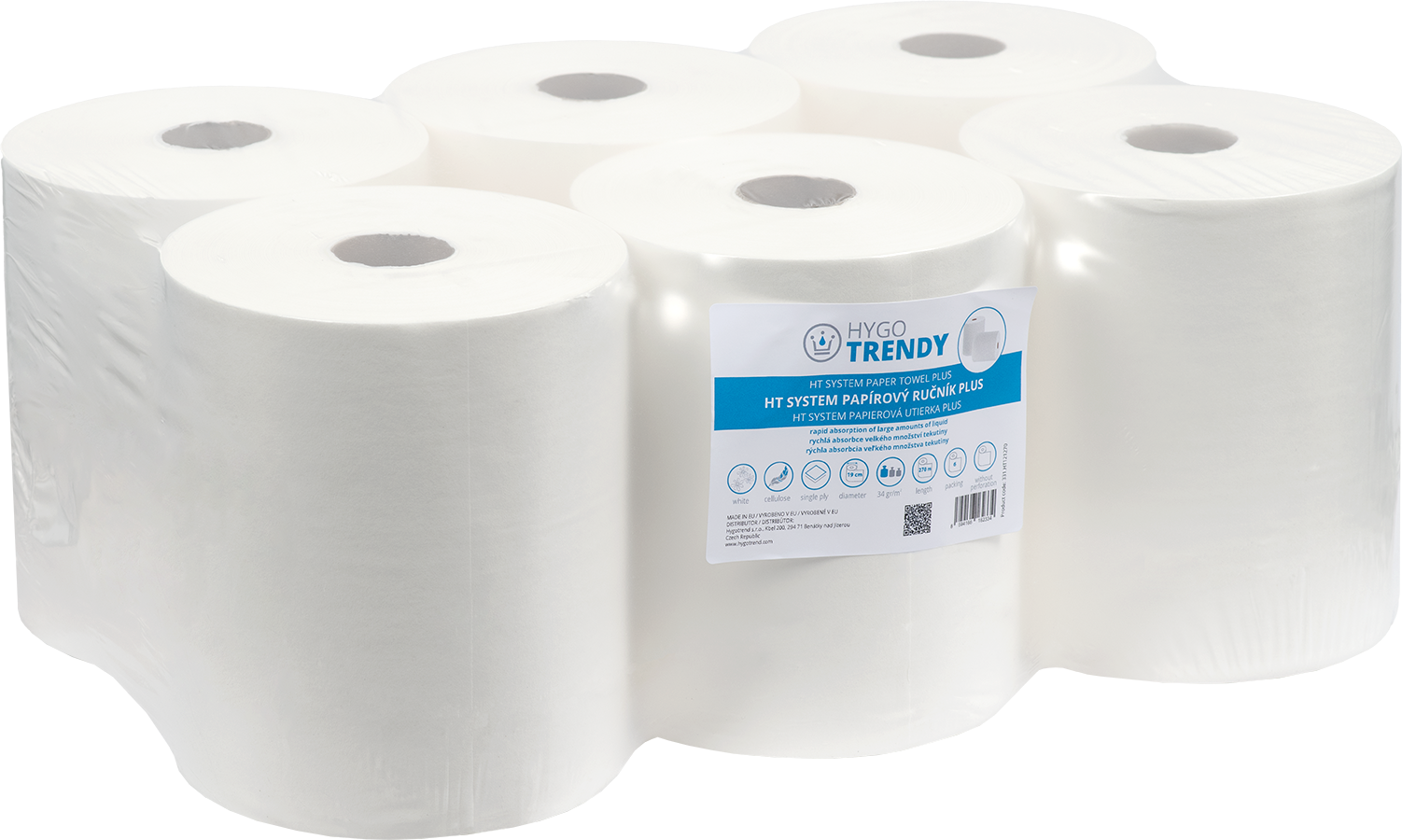 Papírový ručník v roli hygotrendy system, 2 vrstvy, bílý, 1x6 rolí