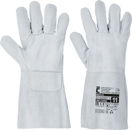 Working gloves MERLIN, No. 11, full leather, welding, light gray